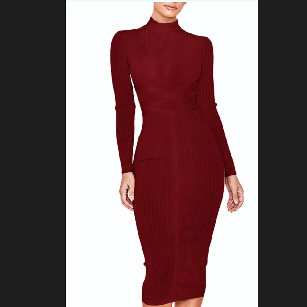 Ribbed Bandage Long Sleeve Midi Bodycon Dress